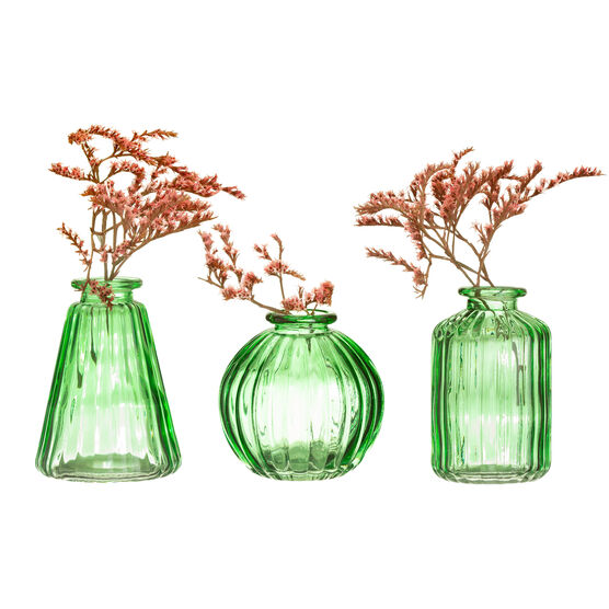 Set of 3 small green glass bud vases